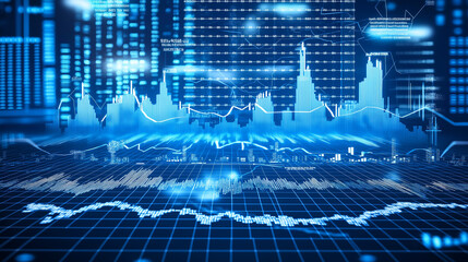 Wall Mural - Macro close-up of a stock market investment trading chart displayed in blue, analyzing data with 
candlestick graphs, Ai