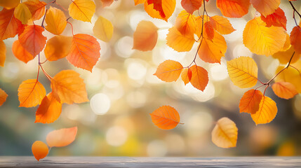 Wall Mural - Bright orange and yellow leaves falling against a soft focus autumn background, autumn, fall, foliage, leaves, orange