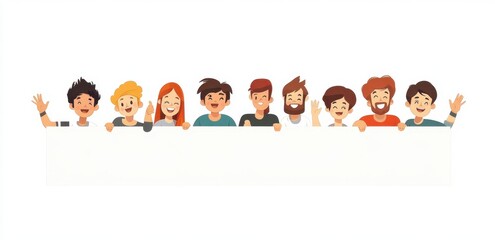 flat illustrations of people peeking out from behind white squares, smiling and waving at the camera, isolated on a solid background Generative AI