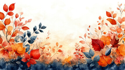 Wall Mural - Watercolor painting of autumn leaves in shades of orange, red, and blue.