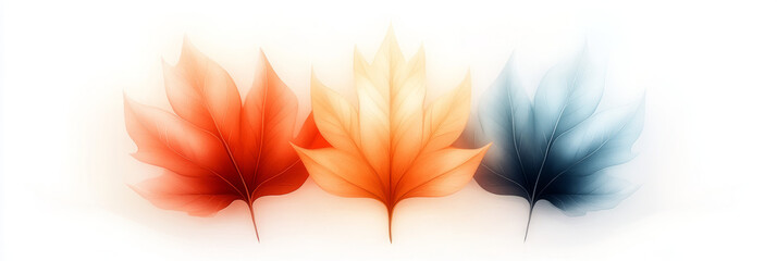 Wall Mural - Three leaves in shades of red, orange, and blue on a white background.