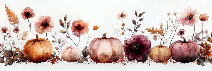 Sticker - Watercolor illustration of pumpkins and flowers.