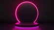 © Danimotions - A glowing pink circular stage with neon lights shines brightly against a dark background in a modern gallery space