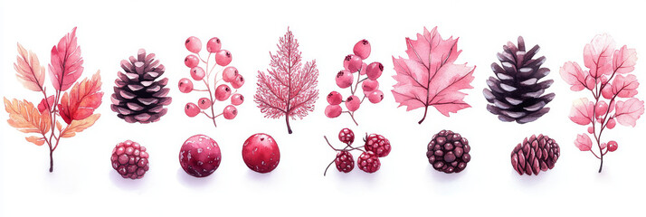 Sticker - Watercolor illustrations of autumn leaves, berries, and pine cones.