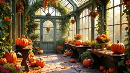 Autumn-themed greenhouse in a city park