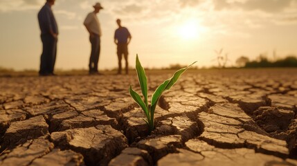 A small green plant emerges from cracked soil as three silhouetted individuals observe in the sunset's glow, symbolizing hope amid adversity.