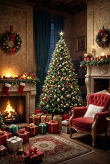 Wall Mural - Christmas tree with toys and gifts on the background of a fireplace with fire magical room with the throne of santa claus christmas background Ultra realistic Photorealistic picturesque scenery