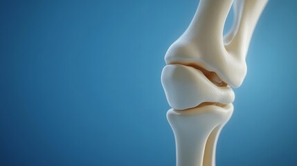 A realistic 3D illustration shows a knee joint with osteoarthritis. The blue background provides space for information about this common condition that affects bones and cartilage.