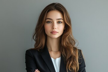 Confidence and charisma. Young business woman in suit looking at camera. Grey background, Generative AI