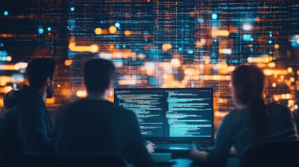 Silhouetted software developers working late at night on a complex coding project