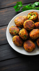 White plate piled high with delicious-looking falafel sits on a black tabletop with a sprig of parsley