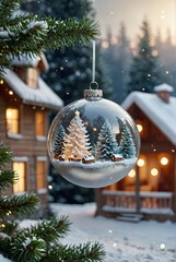 Wall Mural - christmas holiday background silver bauble hanging from a decorated on tree with bokeh and snow copy