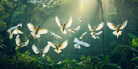 Sticker - A flock of white cockatoos fly through a lush green jungle with a beam of sunlight shining through the canopy.