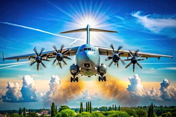 A400M Airbus aircraft taking off against a clear blue sky showcasing its impressive design and power