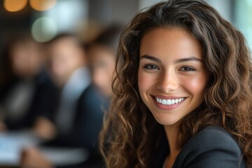 Positive secretary smiling to camera during meeting, Generative AI