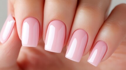 A close-up view of a hand with pastel pink nail polish on slender fingers against a bright background during daylight