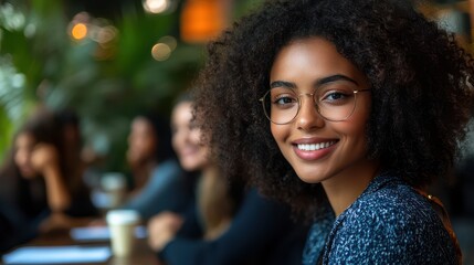 Portrait of a young woman with curly hair and glasses smiling in a social setting