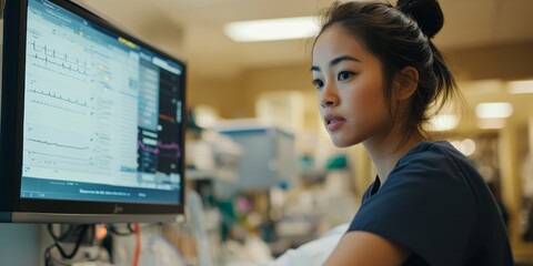 Leinwandbilder - Nurses at Work: Illustrate a nurse attentively monitoring a patient and documenting vital signs on a digital chart, showcasing the dedication of ICU staff.