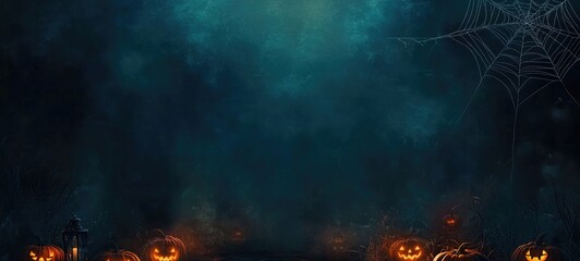 A dark, eerie dark background with subtle gradients and textures, featuring a delicate spider web in the top right corner, creating a spooky and mysterious atmosphere perfect for Halloween.