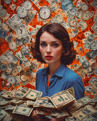 Portrait of beautiful young woman with money in hands on background of dollar bills