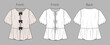 © Yulish - Vector short sleeved top with gathering details fashion CAD, woman cropped round neck blouse with bows technical drawing, template, mock up, sketch. Peplum blouse flat front, back view, white color