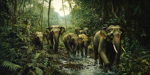 Sticker - A herd of elephants walks through a lush, green jungle, sunlight filters through the canopy, creating a dappled effect on the forest floor.