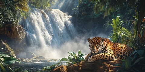 Sticker - A jaguar rests on a rock in front of a waterfall in the rainforest.