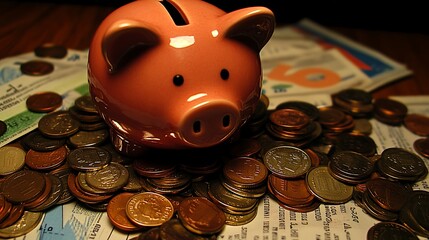 Pink piggy bank surrounded by coins and bills on a wooden surface.