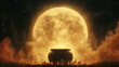 © Kingdola - Silhouette of a witch’s cauldron overlaid with glowing potions and a full moon in the background, symbolizing Halloween magic