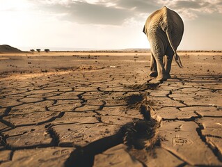 Wall Mural - Lone Elephant Trekking Through Arid Cracked Landscape Massive Footprints in Dry Desert Soil