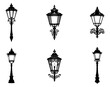© vectcore - street light lamps and spotlights flat and line icon set. Old and modern street lamp black silhouette city vintage glowing in darkness road in dusk vector collection isolated on transparent background