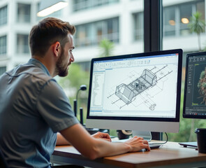 a professional architect engineer works on a computer creating a new model