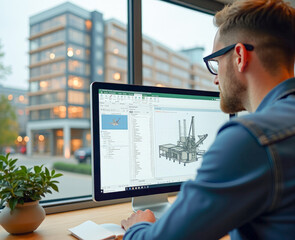 a professional architect engineer works on a computer creating a new model