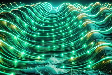 Poster - Futuristic green waves of glowing light.