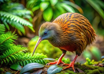 Wall Mural - Adorable Kiwi Bird foraging on the ground in lush green vegetation in its natural habitat