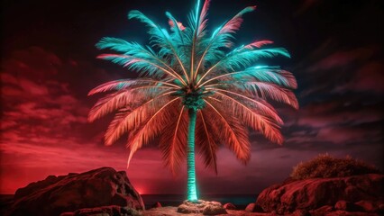 Poster - Vibrant palm tree illuminated against a dramatic sky.