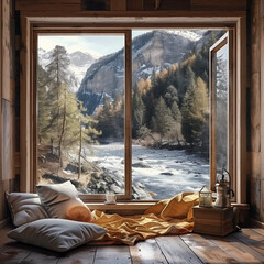 room with mountain view, wooden floor, window with blanket and cup of coffee