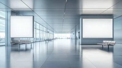 A spacious, modern airport terminal with empty seating and large blank advertising spaces.