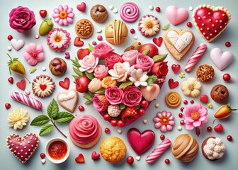 Wall Mural - Adorable Valentine's Day Clipart Collection Featuring Hearts, Cupids, Flowers, and Sweet Treats