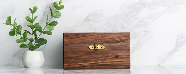 Elegant wood jewelry box with brass hinges, placed on a marble vanity, subtle reflection, soft lighting, delicate design, rich wooden textures, calm and sophisticated scene