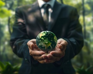 Businessman Holding Recycled Globe Reflecting Lush Forest in Office Window