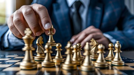 Business Leader Strategizing with Golden Coins on Chessboard for Investment Planning