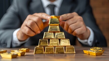 Wall Mural - Businessman Carefully Building Pyramid of Gold Bars Representing Asset Accumulation and Investment Strategy