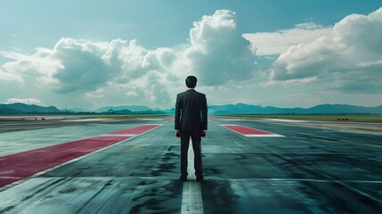 Poster - Businessman Standing at the Starting Line of a Race Symbolizing a Long Journey Toward His Goal