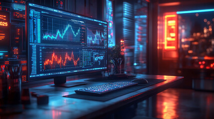 Wall Mural - modern workspace with stock charts and graphs illuminated by neon lights at night