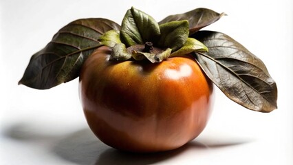 Wall Mural - A ripe persimmon with leaves against a white background.