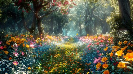 Canvas Print - Enchanted Forest Path with Blooming Flowers