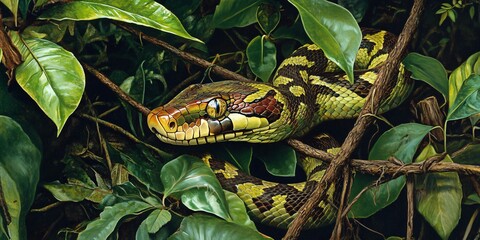 Sticker - Close-up of a green snake with yellow scales in the undergrowth.