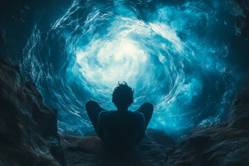 Wall Mural - A man is sitting in a blue cave with a blue sky above him