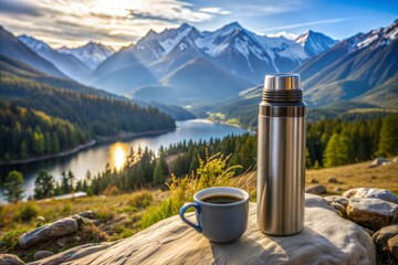 Wall Mural - Morning coffee on rock with mountain and lake view